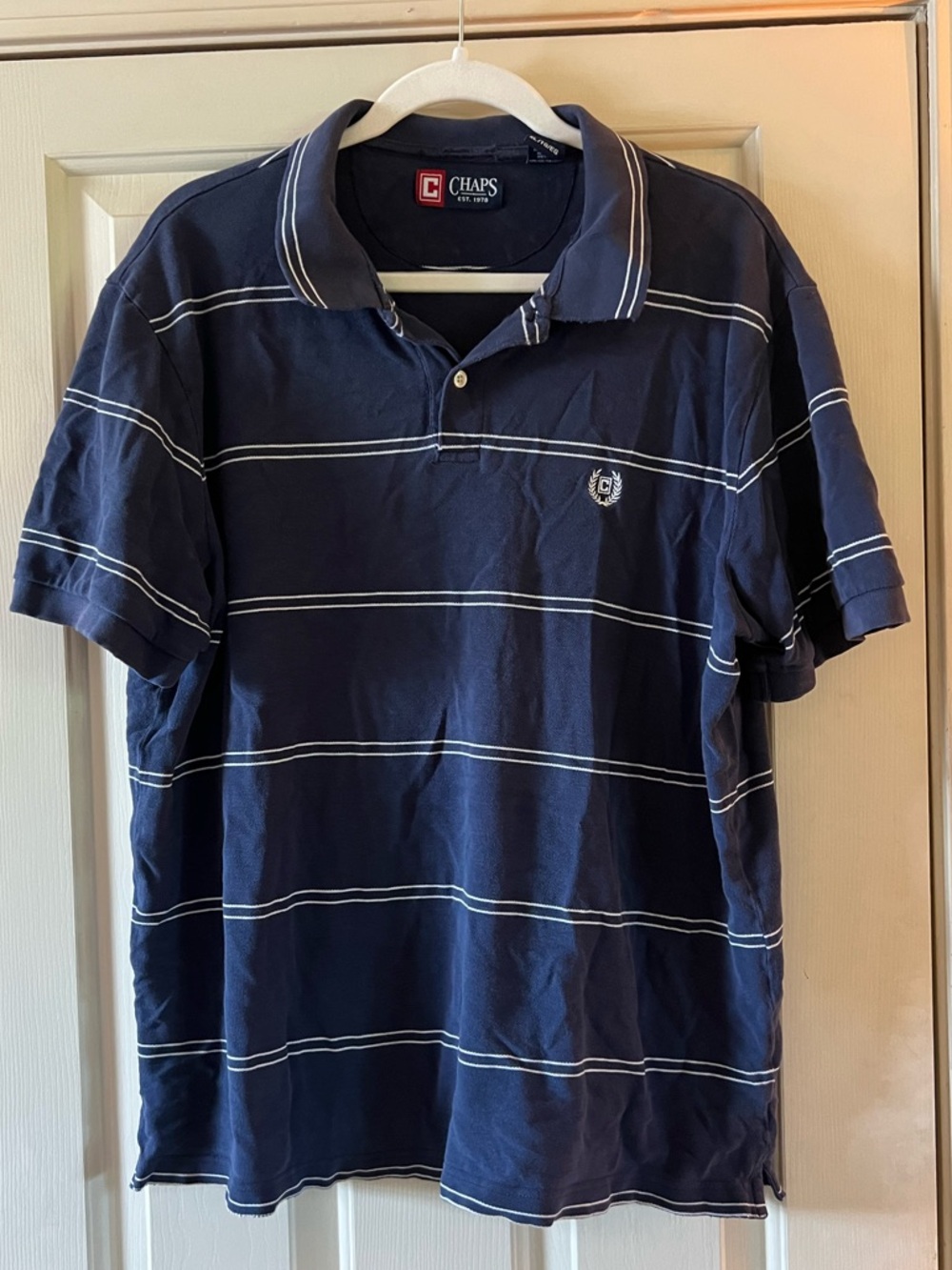 Chaps Men’s Navy Polo with White Stripes